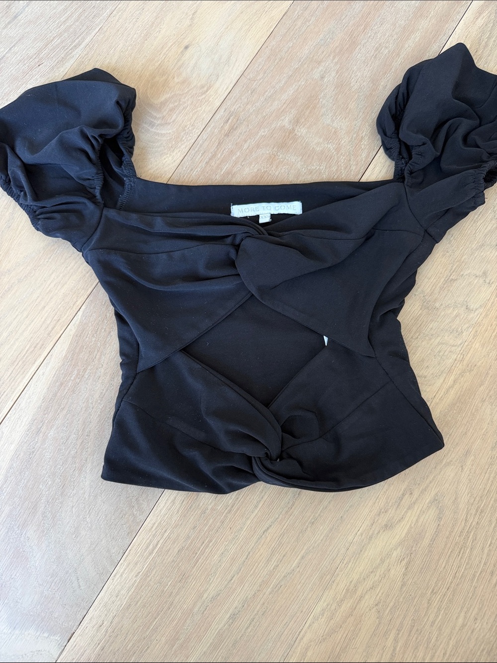 More to Come Black Twist-Knot Puff Sleeve Crop Top